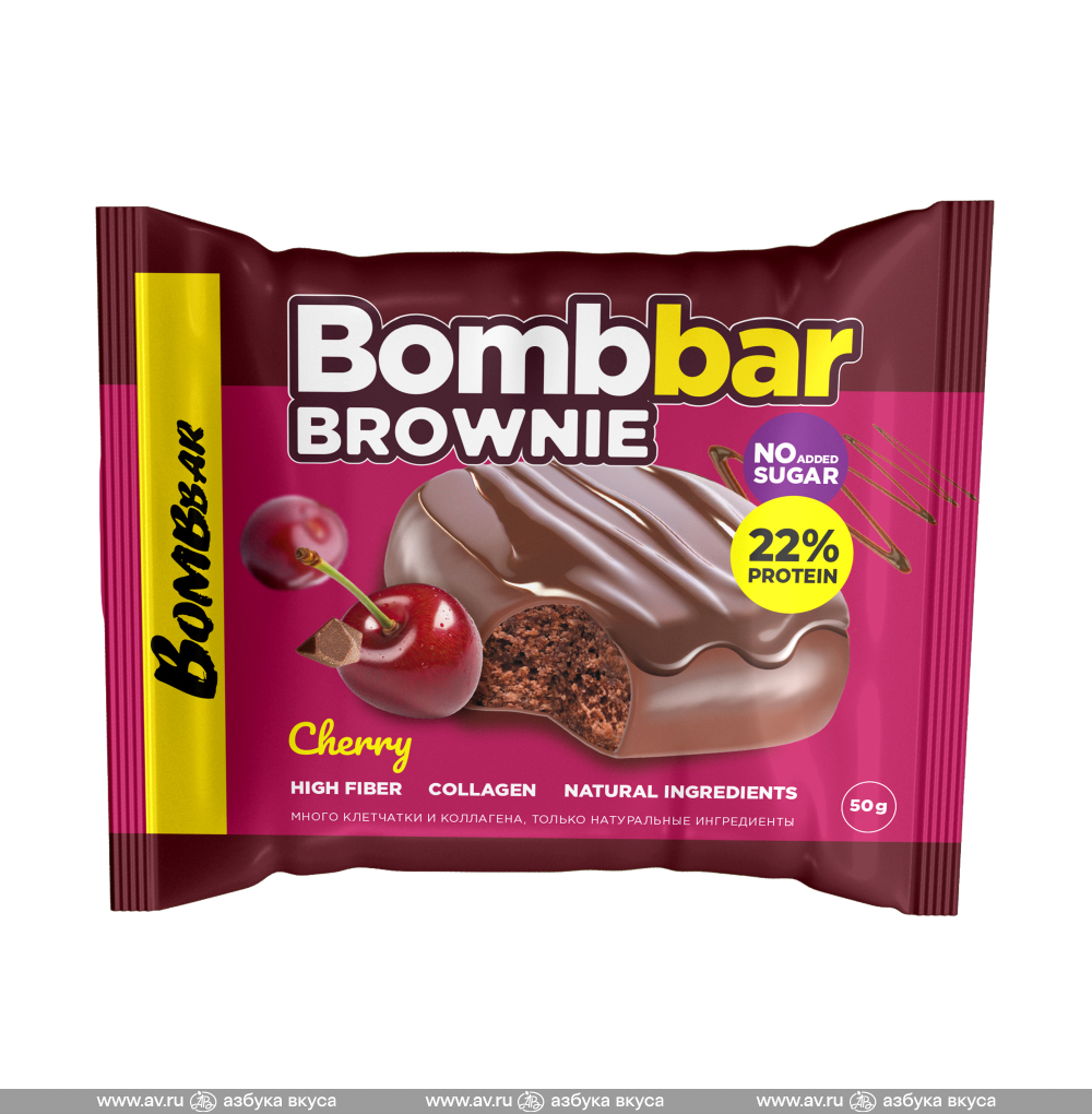 Изображение товара Печенье протеиновое глазированное Вишнёвый брауни, Bombbar, 50 г, Россия