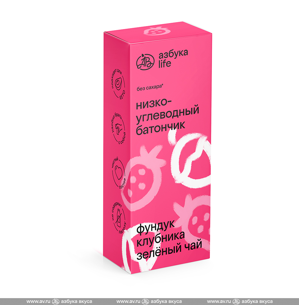 Изображение товара Батончик низкоуглеводный «Фундук-клубника-зелёный чай» (без сахара), «Азбука Life», 35 г, Россия Изображение товара Батончик низкоуглеводный «Фундук-клубника-зелёный чай» (без сахара), «Азбука Life», 35 г, Россия