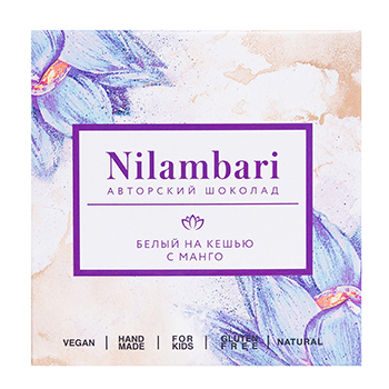 Изображение товара Шоколад веганский белый на кешью с манго, Nilambari, 65 г, Россия