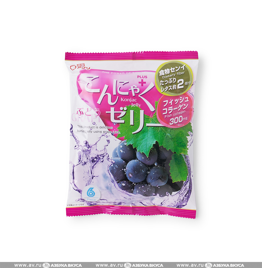 Изображение товара Желе фруктовое из конняку со вкусом винограда с натуральным соком и коллагеном, Yukiguni, 6x18 г, Япония Изображение товара Желе фруктовое из конняку со вкусом винограда с натуральным соком и коллагеном, Yukiguni, 6x18 г, Япония