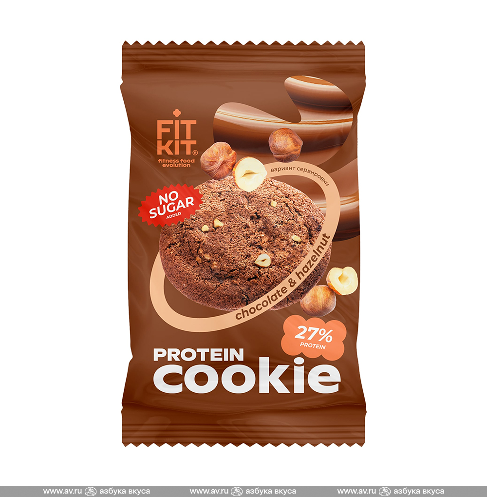 Изображение товара Печенье протеиновое Protein Cookie «Шоколад-фундук» (без сахара), Fit Kit, 40 г, Россия