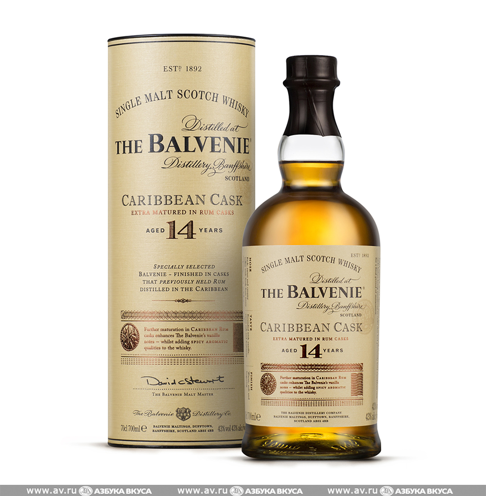 Изображение товара Виски шотландский Balvenie Speyside Single Malt Caribbean Cask 14 YO 43.0%, 0.7 L, в тубе Изображение товара Виски шотландский Balvenie Speyside Single Malt Caribbean Cask 14 YO 43.0%, 0.7 L, в тубе