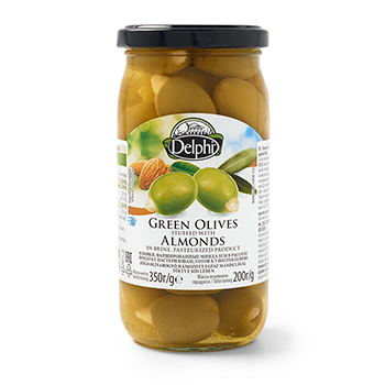 Изображение товара Оливки зелёные, фаршированные миндалём, в рассоле, Delphi, 350 г, Греция