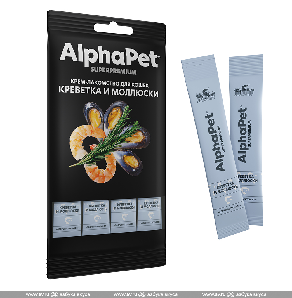 Изображение товара Лакомство для кошек крем с креветкой и моллюсками, Superpremium, AlphaPet, 4 шт*12 г, Россия Изображение товара Лакомство для кошек крем с креветкой и моллюсками, Superpremium, AlphaPet, 4 шт*12 г, Россия