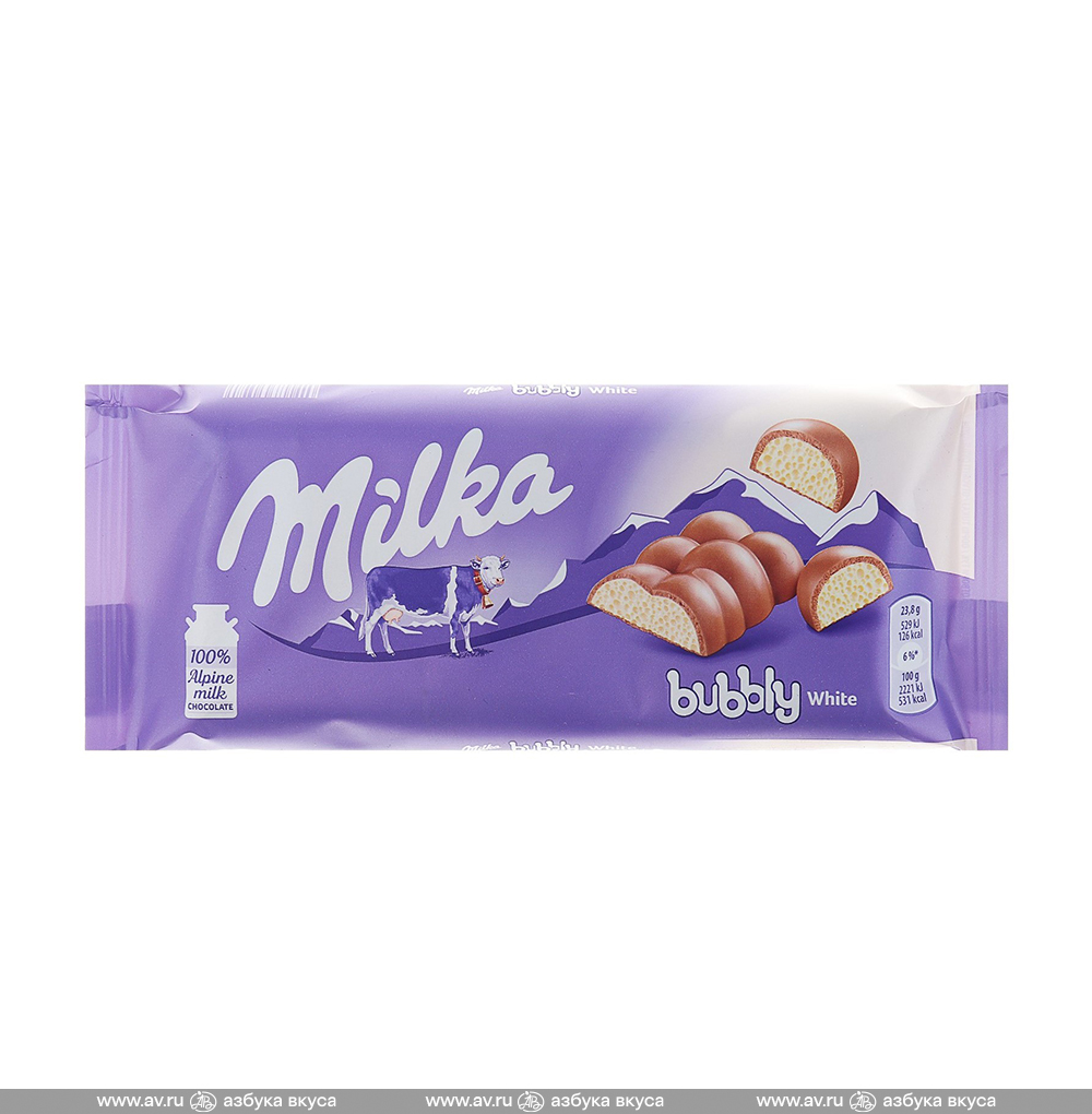 Изображение товара Шоколад молочный Bubbly White с белым пористым шоколадом, Milka, 95 г, Германия Изображение товара Шоколад молочный Bubbly White с белым пористым шоколадом, Milka, 95 г, Германия
