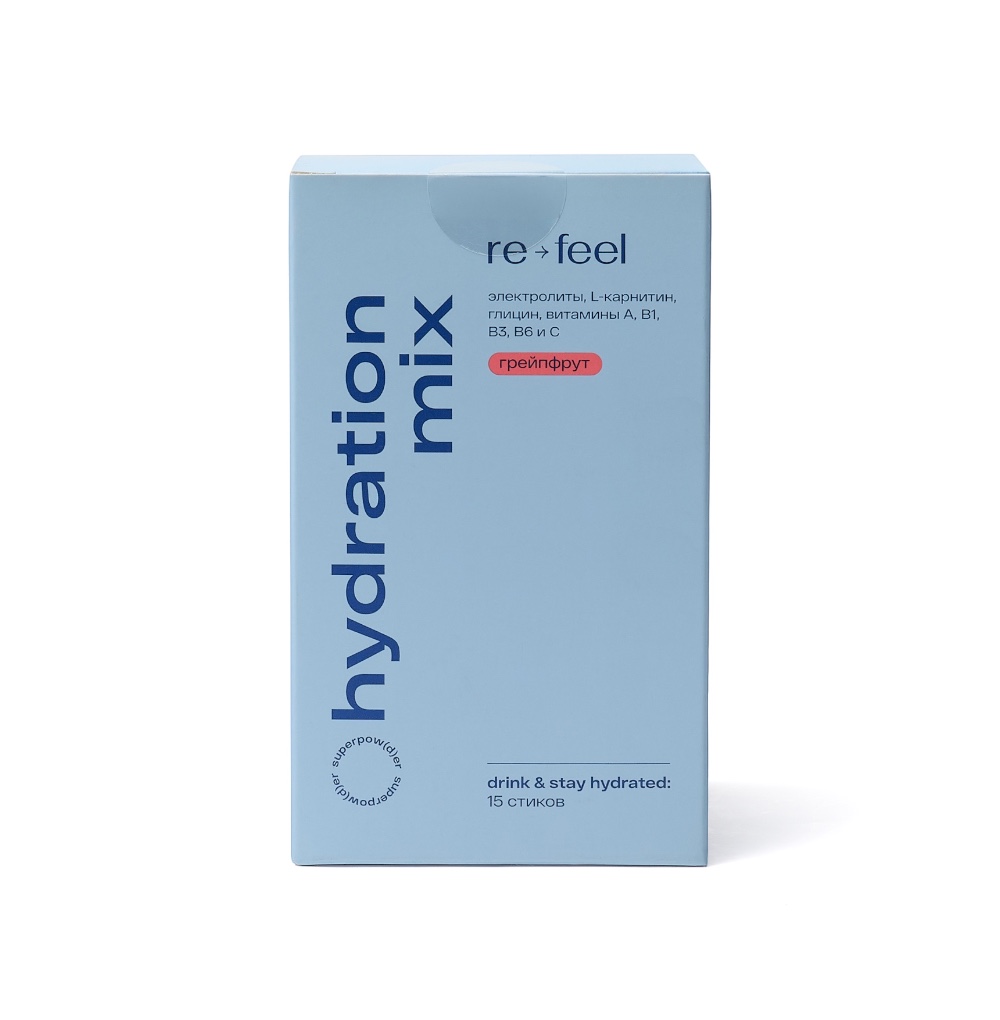 Изображение товара Комплекс электролитов Hydration mix на основе кокосовой воды, Re-feel, 15 стиков, 105 г, Россия Изображение товара Комплекс электролитов Hydration mix на основе кокосовой воды, Re-feel, 15 стиков, 105 г, Россия