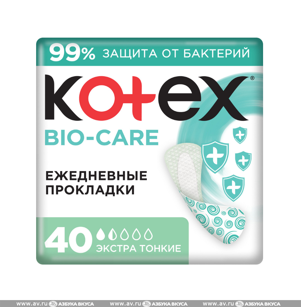 Изображение товара Прокладки ежедневные Bio-Care антибактериальные, 1.5 капли экстратонкие, Kotex, 40 шт., Китай Изображение товара Прокладки ежедневные Bio-Care антибактериальные, 1.5 капли экстратонкие, Kotex, 40 шт., Китай