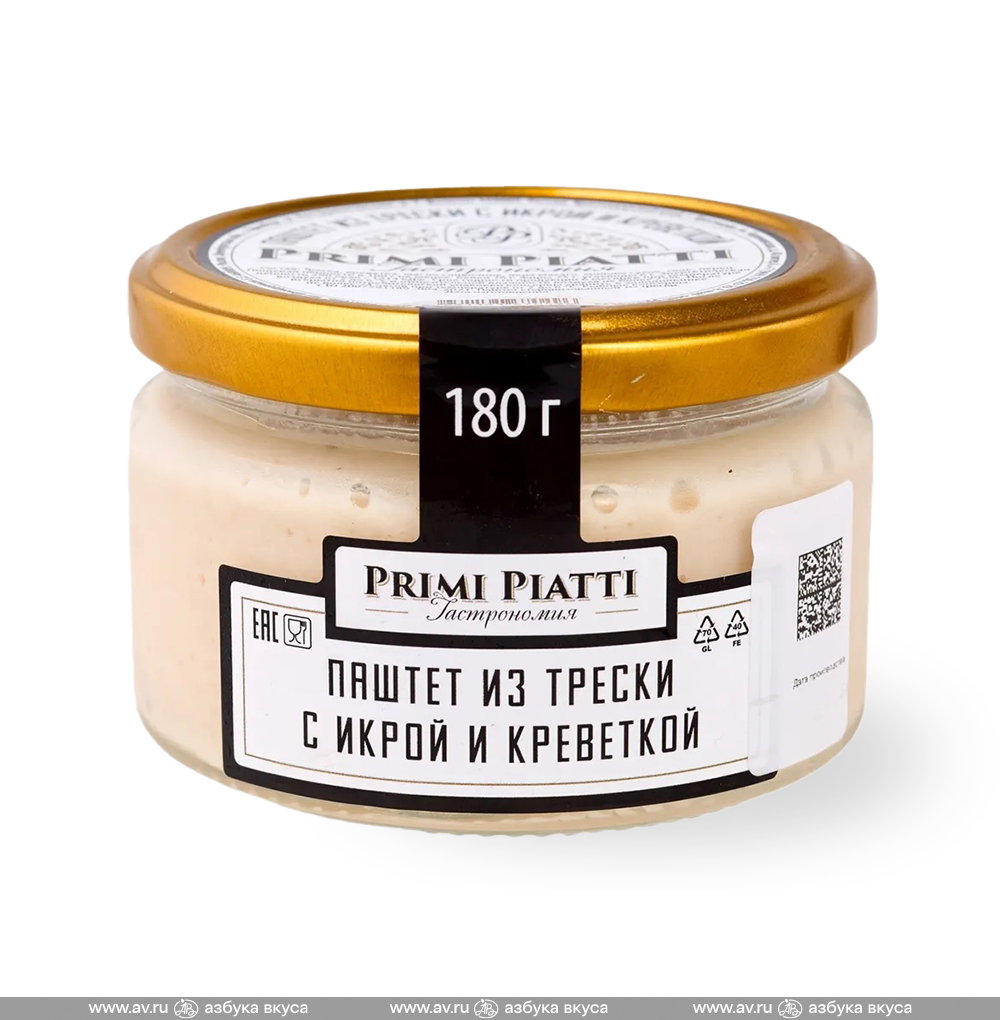 Изображение товара Паштет из трески с икрой и креветкой, Primi Piatti, 180 г, Россия Изображение товара Паштет из трески с икрой и креветкой, Primi Piatti, 180 г, Россия
