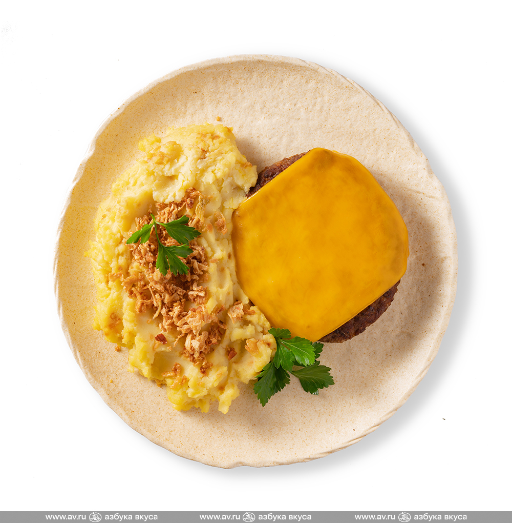 Изображение товара Бифштекс с сыром и картофельным пюре, «Азбука вкуса», 375 г, Россия Изображение товара Бифштекс с сыром и картофельным пюре, «Азбука вкуса», 375 г, Россия
