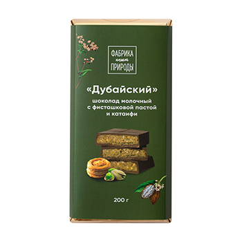 Изображение товара Шоколад молочный «Дубайский» с фисташковой пастой и катаифи, «Фабрика природы», 200 г, Россия