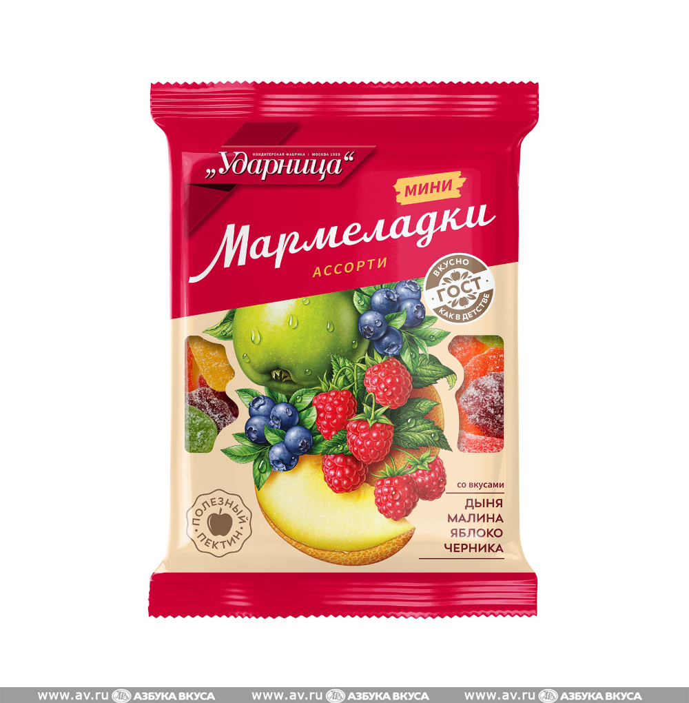 Изображение товара Мини-мармеладки ассорти со вкусами дыни, малины, яблока и черники, «Ударница», 275 г, Россия