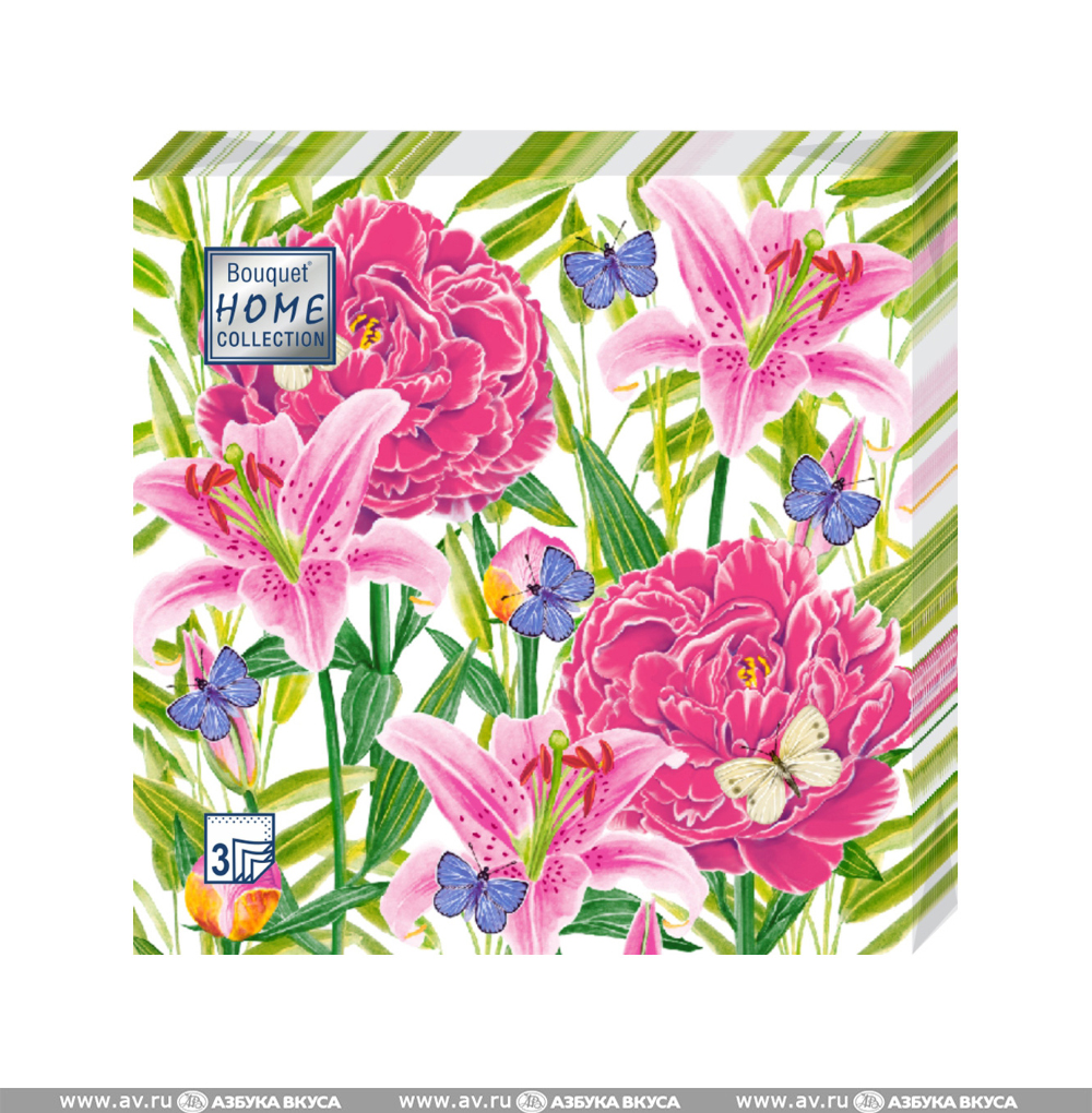 Изображение товара Салфетки Home Collection Пионы и Лилии 33*33см 3сл., 20шт., Россия Изображение товара Салфетки Home Collection Пионы и Лилии 33*33см 3сл., 20шт., Россия