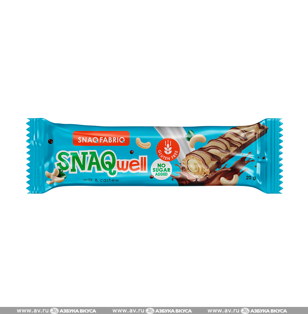 Изображение товара Батончик вафельный SNAQwell с молочно-ореховой пастой (без сахара), SNAQFABRIQ, 20 г, Россия Изображение товара Батончик вафельный SNAQwell с молочно-ореховой пастой (без сахара), SNAQFABRIQ, 20 г, Россия