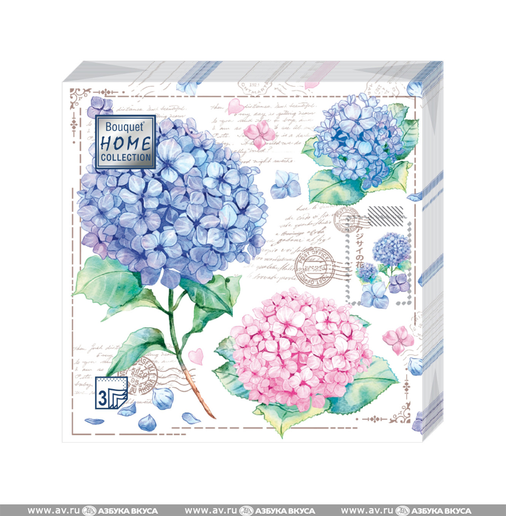 Изображение товара Салфетки Home Collection Открытка с гортензиями 33*33см 3сл., 20шт., Россия Изображение товара Салфетки Home Collection Открытка с гортензиями 33*33см 3сл., 20шт., Россия