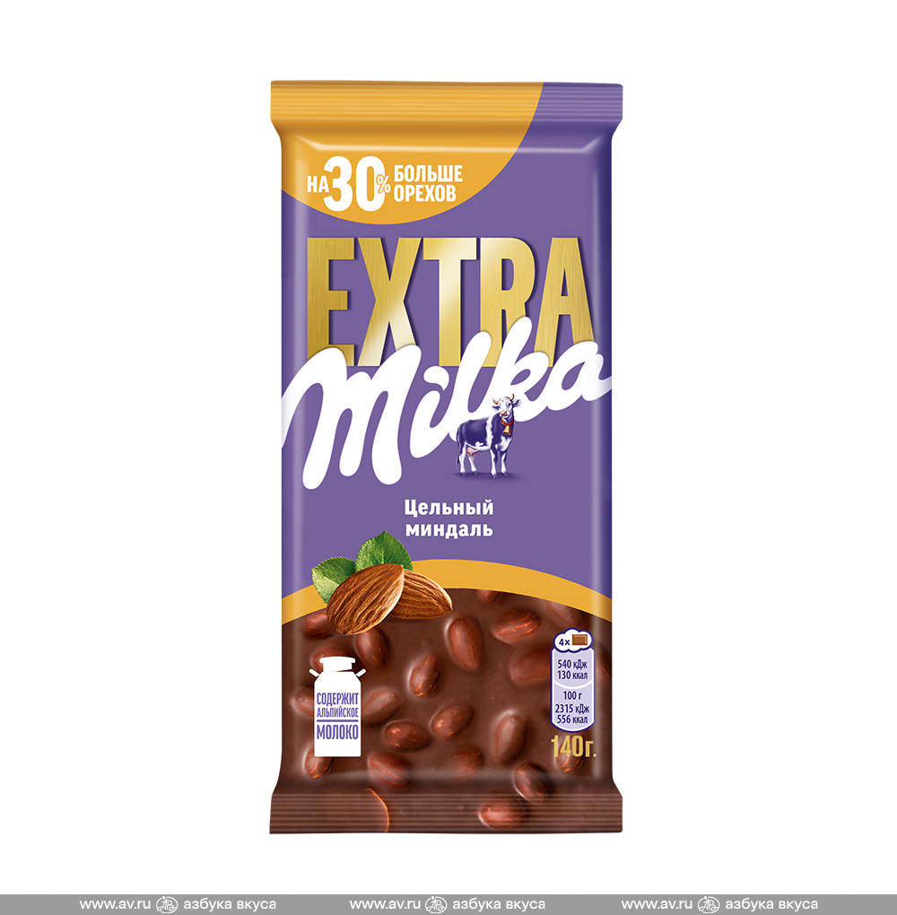 Изображение товара Шоколад молочный Extra цельный миндаль, Milka, 140 г, Россия Изображение товара Шоколад молочный Extra цельный миндаль, Milka, 140 г, Россия