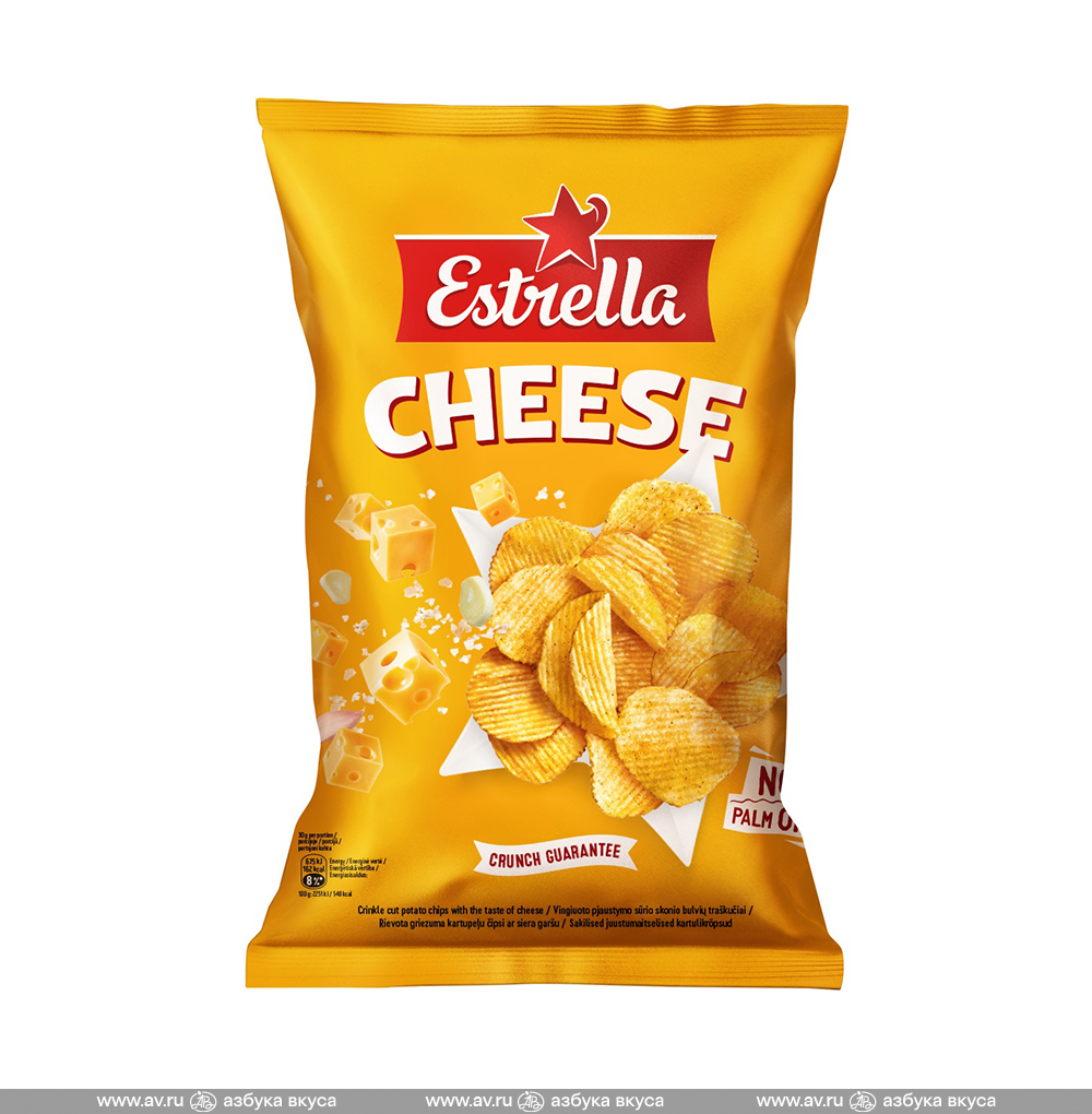 Изображение товара Чипсы картофельные рифлёные со вкусом сыра, Estrella, 130 г, Польша Изображение товара Чипсы картофельные рифлёные со вкусом сыра, Estrella, 130 г, Польша